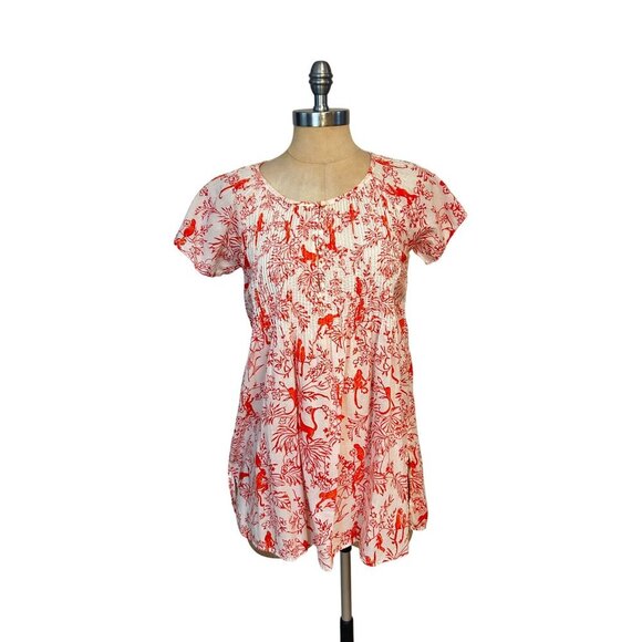Robert Roller Rabbit Orange & Pink Monkey Print Smocked Tunic Top Small - Picture 1 of 6